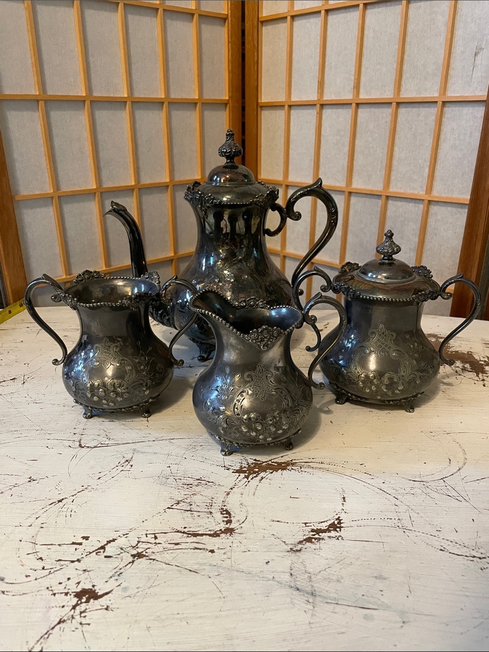 Ornate Antique Rockford Silver P Co. Quadruple 304  Silver-Plated Tea Set
